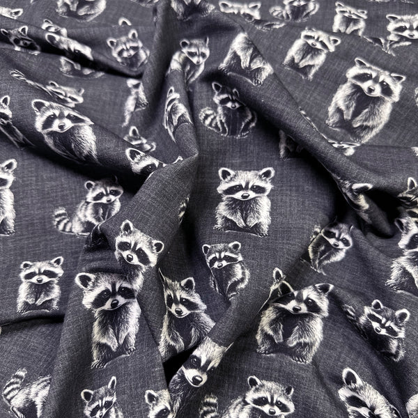Rocky Raccoon Digital Print French Terry Knit Fabric, Imported from the Netherlands 26538-16 Charcoal