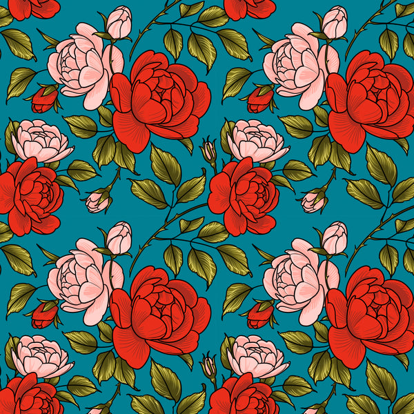 Roses Are Falling Teal cotton fabric from Love Letters by Club Hauer for Free Spirit featuring falling rose motifs on a rich teal background.