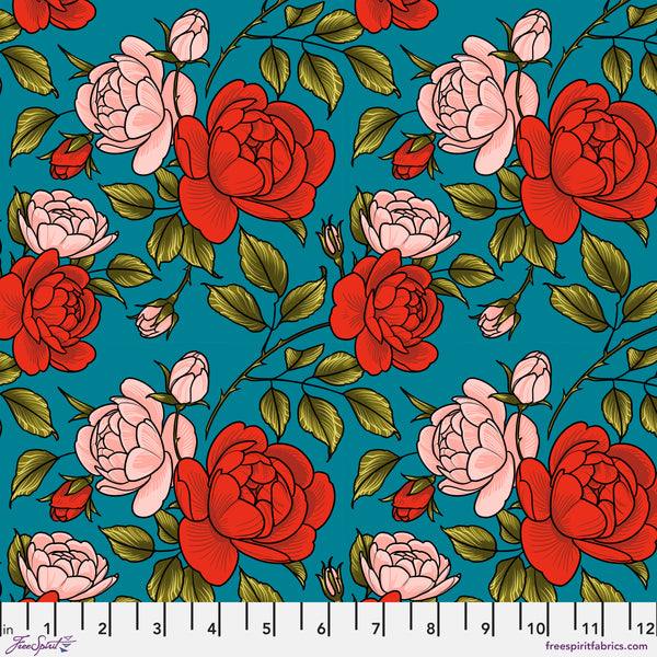 Scale of Roses Are Falling Teal cotton fabric from Love Letters by Club Hauer for Free Spirit featuring falling rose motifs on a rich teal background.