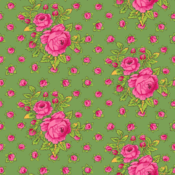 Rosie in Green cotton fabric by Kaffe Fassett Collective for FreeSpirit Fabrics featuring a vibrant floral design in rich green tones.