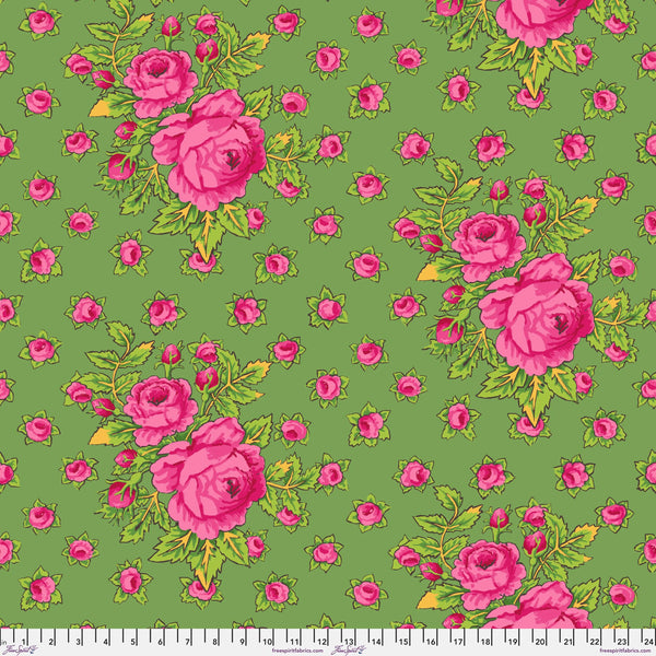 Scale of Rosie in Green cotton fabric by Kaffe Fassett Collective for FreeSpirit Fabrics featuring a vibrant floral design in rich green tones.