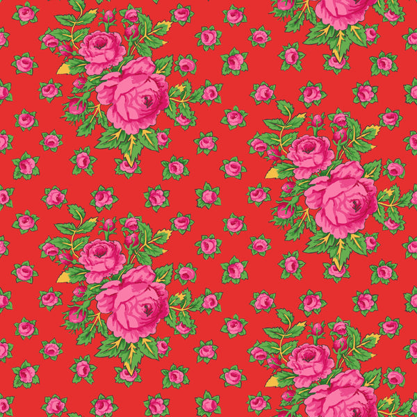 Rosie in Red cotton fabric by Kaffe Fassett Collective for FreeSpirit Fabrics featuring a vibrant floral design in rich red tones.