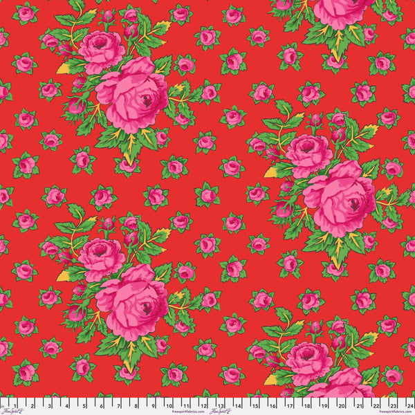 Scale of Rosie in Red cotton fabric by Kaffe Fassett Collective for FreeSpirit Fabrics featuring a vibrant floral design in rich red tones.