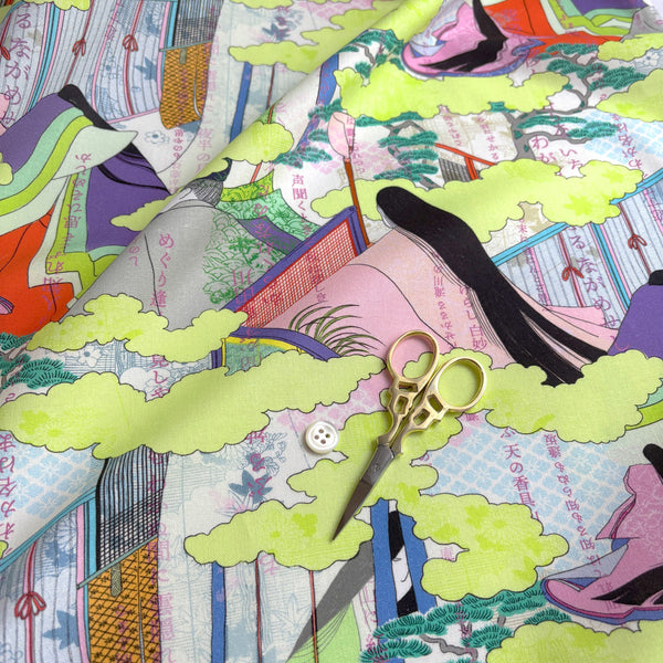 Stock Photo of The Tale of Genji cotton fabric by Nora featuring finely detailed illustrations of women with long black hair wearing traditional kimono in a colorful Japanese-inspired print, imported from Japan