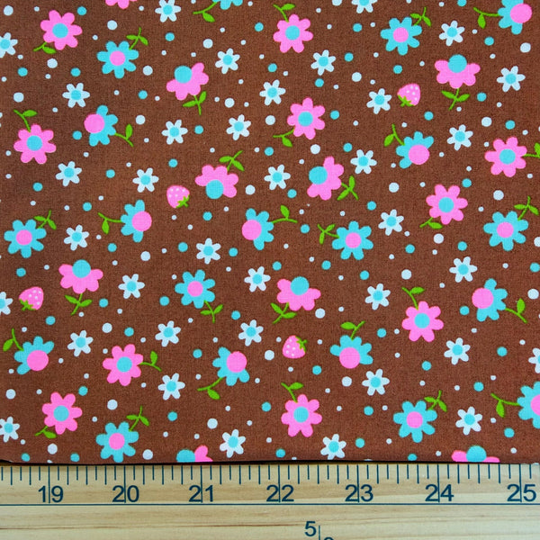 Scale of Popollo Flower cotton fabric by Antique Fabric Pinks in brown and neon pink