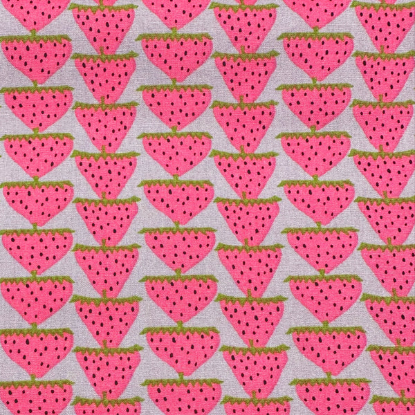 Scandi Strawberries Cotton Fabric, Kobayashi  Imported from Japan, Pink Gray