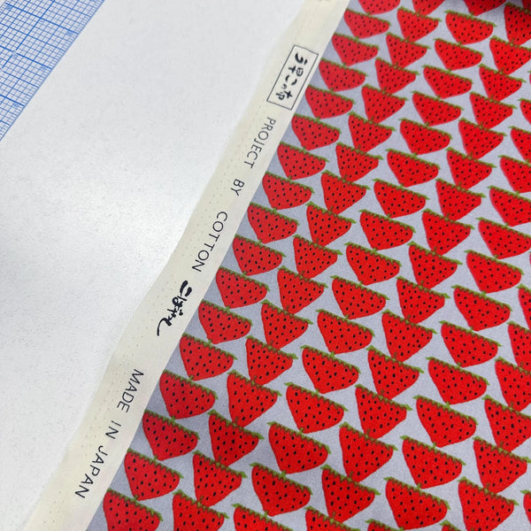 Scandi Strawberries Cotton Fabric, Kobayashi  Imported from Japan, Red, Grey