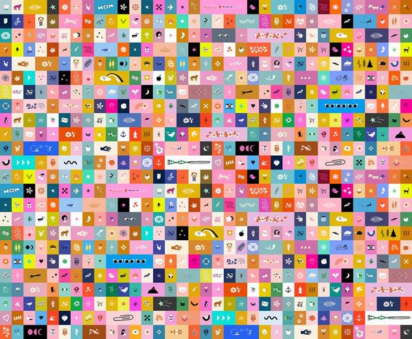 Stock photo of Selvedge Magic Icons Cotton Fabric in Multi by Ruby Star Society.