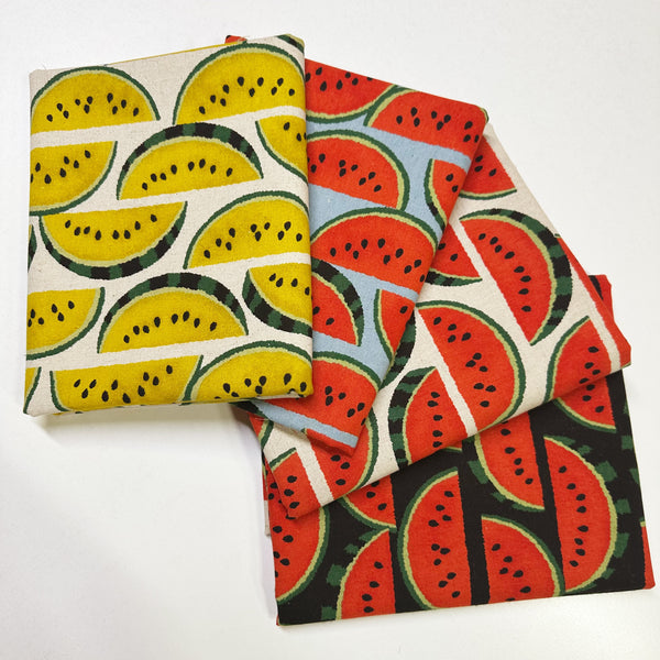 Watermelons cotton linen canvas fabric by Sevenberry, Japanese import with watermelon print on black background