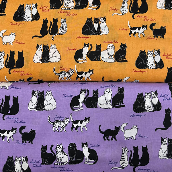 Sitting Kitties Cats Cotton Fabric by Handworks, Imported from Japan, Orange