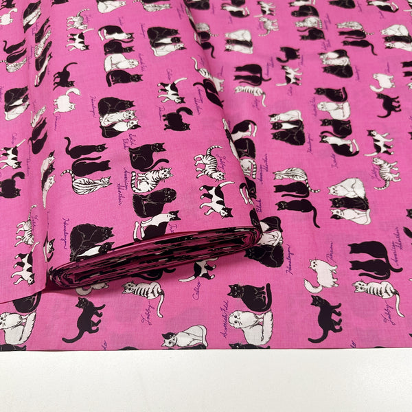 Sitting Kitties Cats Cotton Fabric by Handworks, Imported from Japan, Pink