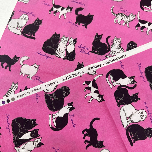 Sitting Kitties Cats Cotton Fabric by Handworks, Imported from Japan, Pink