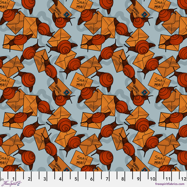 Scale of Snail Mail Blue cotton fabric from Love Letters by Club Hauer for FreeSpirit Fabrics featuring snail and postal-themed motifs on a soft blue background.