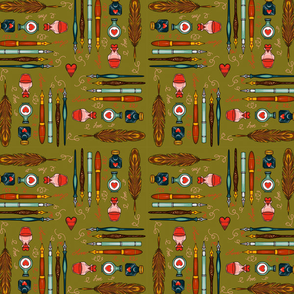 Stationery Green cotton fabric from Love Letters by Club Hauer for FreeSpirit Fabrics featuring illustrated stationery motifs on a fresh green background.