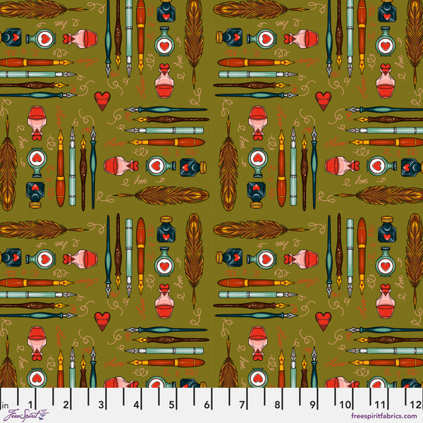 Scale of Stationery Green cotton fabric from Love Letters by Club Hauer for FreeSpirit Fabrics featuring illustrated stationery motifs on a fresh green background.
