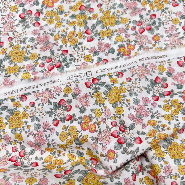 Strawberry Floral Ditsy Cotton Lawn Fabric by Cosmo Textiles, KP9072H 2A White