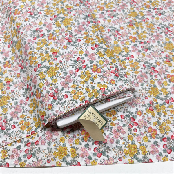 Strawberry Floral Ditsy Cotton Lawn Fabric by Cosmo Textiles, KP9072H 2A White