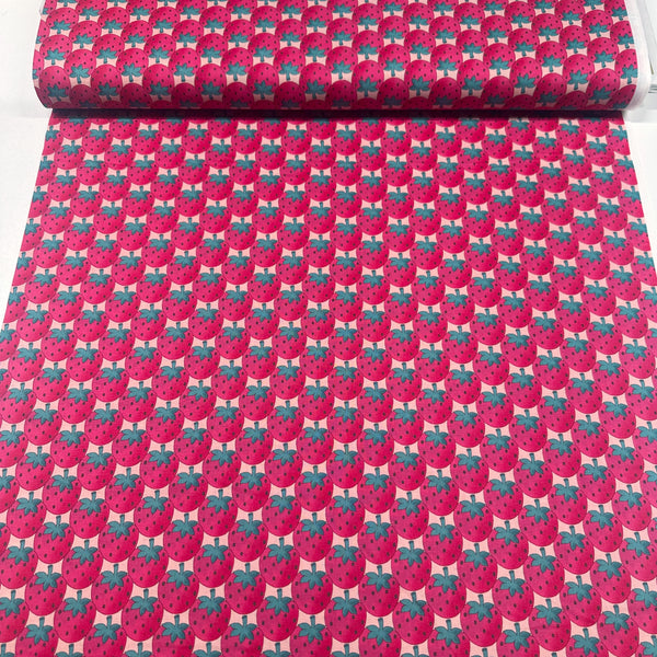 Strawberry Party by Sevenberry Cotton Fabric, Imported from Japan, Pink Strawberries