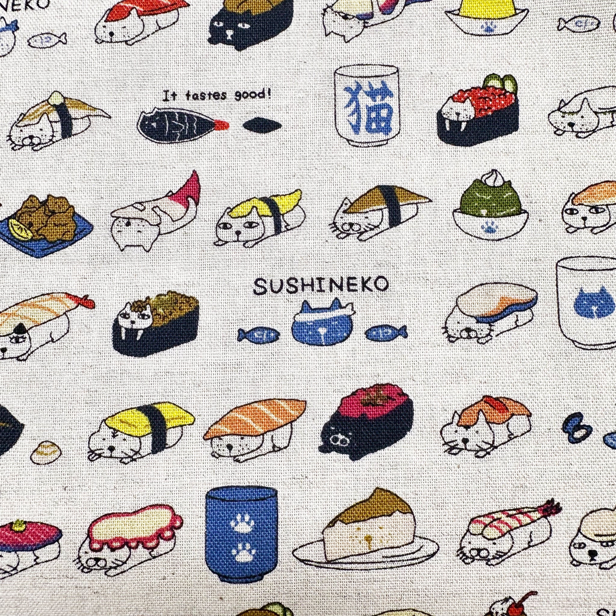 Sushi Cat Canvas Fabric in Natural - Cotton Linen Blend by Cotton Kobayashi