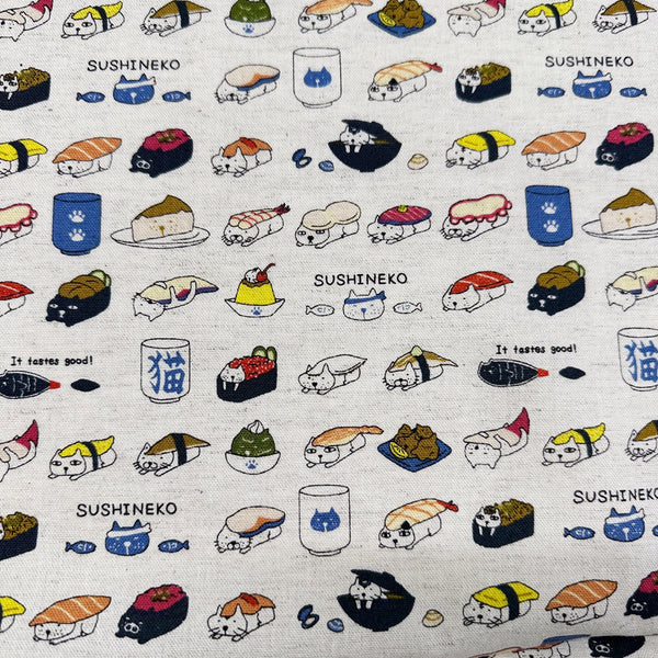 Sushi Cat Canvas Fabric in Natural - Cotton Linen Blend by Cotton Kobayashi