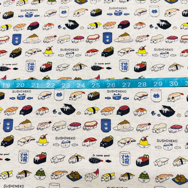 Sushi Cat Canvas Fabric in Natural - Cotton Linen Blend by Cotton Kobayashi