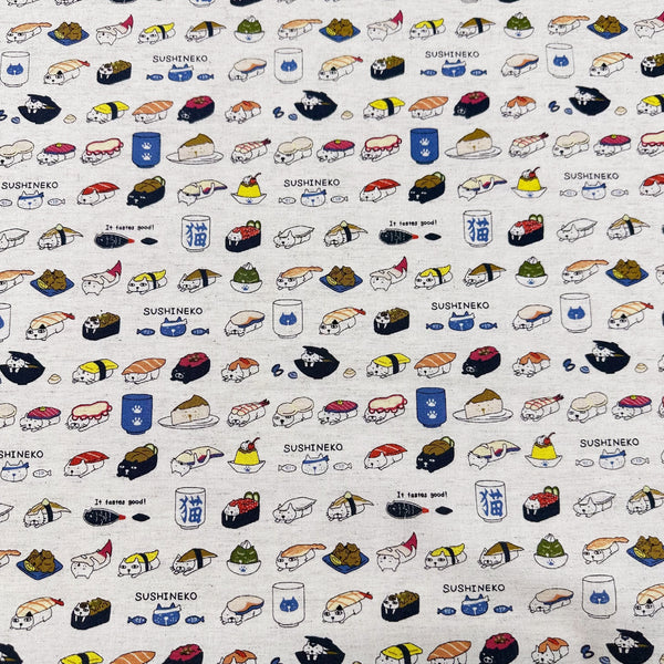 Sushi Cat Canvas Fabric in Natural - Cotton Linen Blend by Cotton Kobayashi