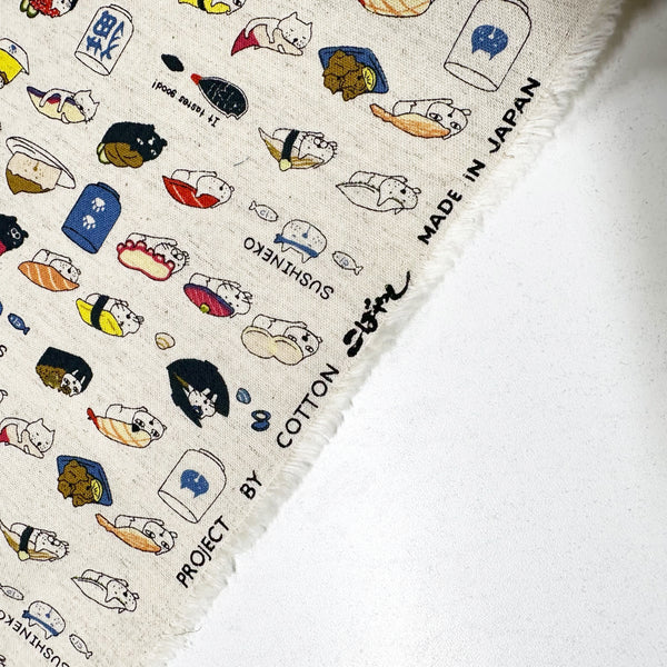 Sushi Cat Canvas Fabric in Natural - Cotton Linen Blend by Cotton Kobayashi