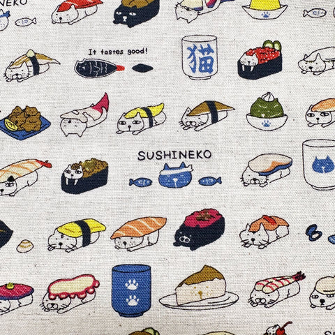 Sushi Cat Canvas Fabric in Natural - Cotton Linen Blend by Cotton Kobayashi