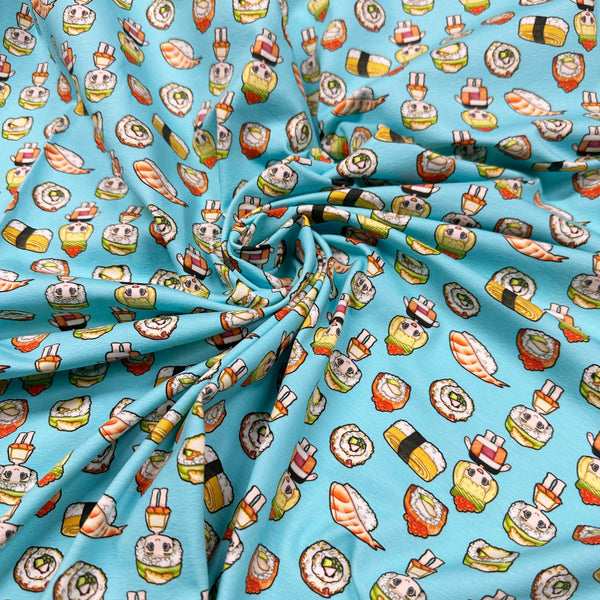 Sushi Friends Cotton Jersey Knit 4 Way Stretch Fabric Imported from the Netherlands