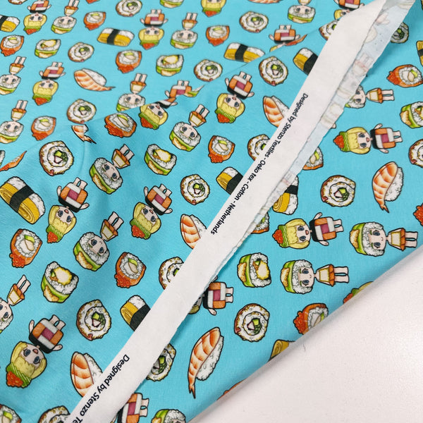Sushi Friends Cotton Jersey Knit 4 Way Stretch Fabric Imported from the Netherlands