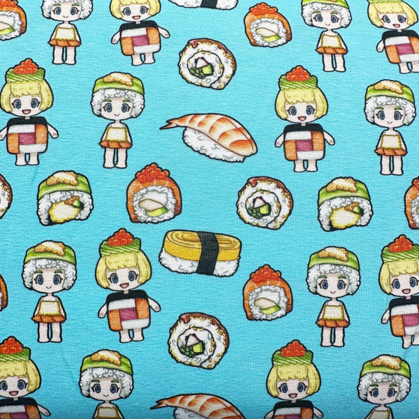 Sushi Friends Cotton Jersey Knit 4 Way Stretch Fabric Imported from the Netherlands