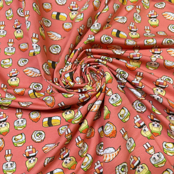 Sushi Friends Cotton Jersey Knit 4 Way Stretch Fabric in Salmon, Imported from the Netherlands