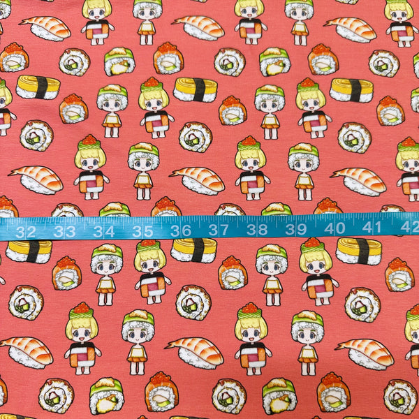Sushi Friends Cotton Jersey Knit 4 Way Stretch Fabric in Salmon, Imported from the Netherlands