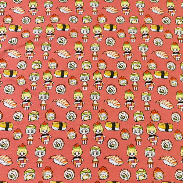 Sushi Friends Cotton Jersey Knit 4 Way Stretch Fabric in Salmon, Imported from the Netherlands
