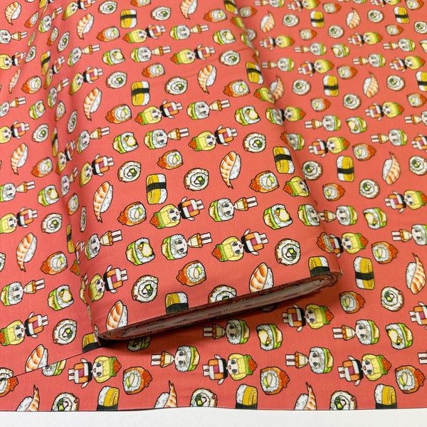Sushi Friends Cotton Jersey Knit 4 Way Stretch Fabric in Salmon, Imported from the Netherlands