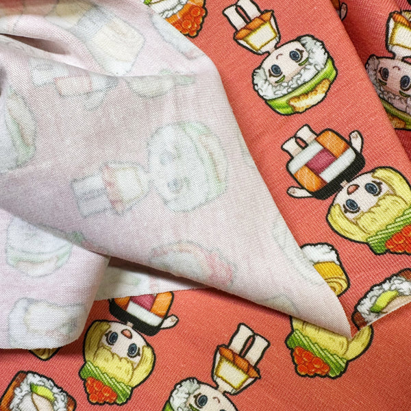 Sushi Friends Cotton Jersey Knit 4 Way Stretch Fabric in Salmon, Imported from the Netherlands