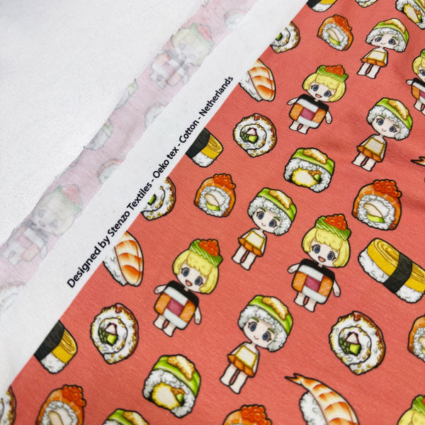 Sushi Friends Cotton Jersey Knit 4 Way Stretch Fabric in Salmon, Imported from the Netherlands