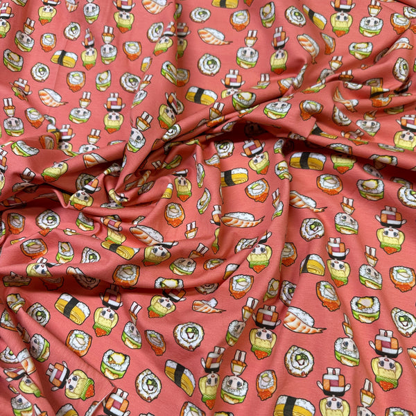 Sushi Friends Cotton Jersey Knit 4 Way Stretch Fabric in Salmon, Imported from the Netherlands