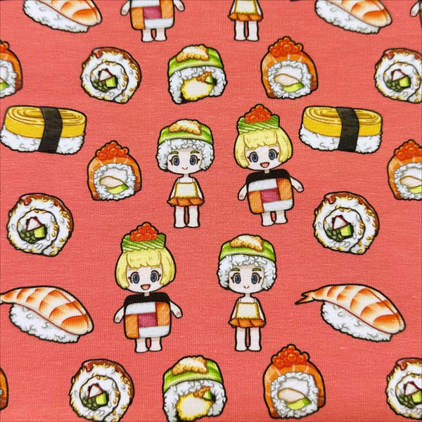 Sushi Friends Cotton Jersey Knit 4 Way Stretch Fabric in Salmon, Imported from the Netherlands