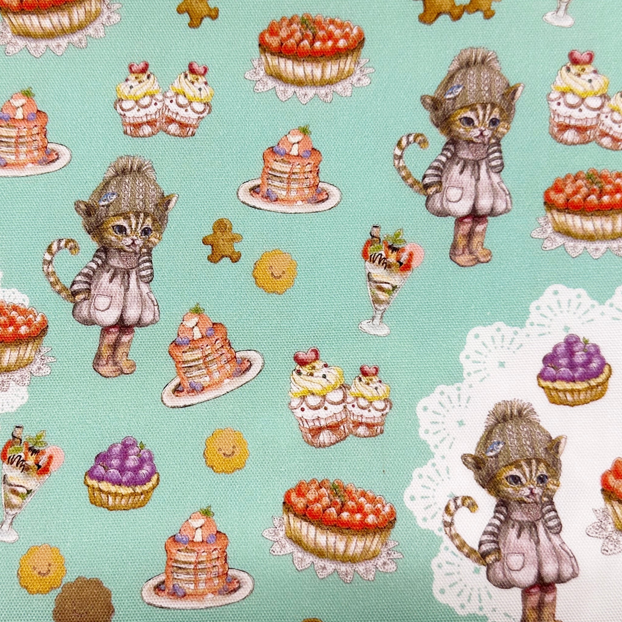 Sweets Cat CoCo Cotton Oxford Fabric in Aqua by Illustrator Ringo, Imported from Japan
