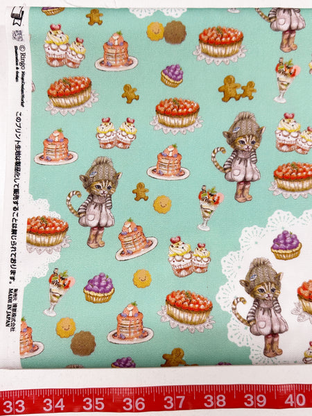 Sweets Cat CoCo Cotton Oxford Fabric in Aqua by Illustrator Ringo, Imported from Japan