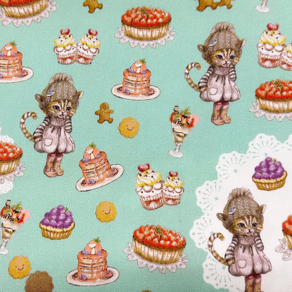 Sweets Cat CoCo Cotton Oxford Fabric in Aqua by Illustrator Ringo, Imported from Japan