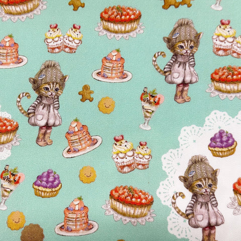 Sweets Cat CoCo Cotton Oxford Fabric in Aqua by Illustrator Ringo, Imported from Japan