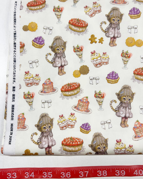 Sweets Cat CoCo Cotton Oxford Fabric in Natural by Illustrator Ringo, Imported from Japan