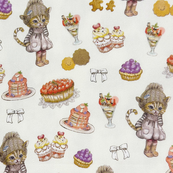 Sweets Cat CoCo Cotton Oxford Fabric in Natural by Illustrator Ringo, Imported from Japan