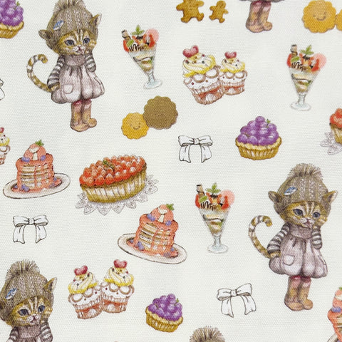 Sweets Cat CoCo Cotton Oxford Fabric in Natural by Illustrator Ringo, Imported from Japan
