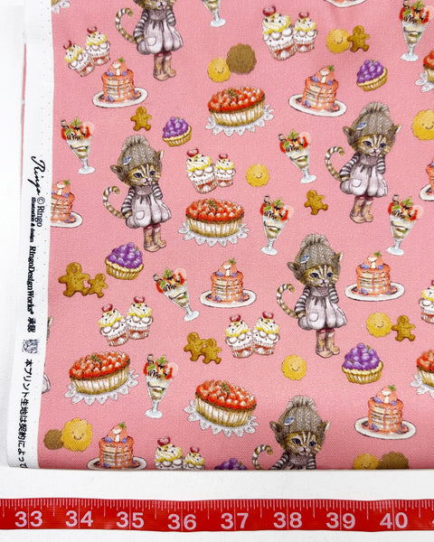 Sweets Cat CoCo Cotton Oxford Fabric in Pink by Illustrator Ringo, Imported from Japan