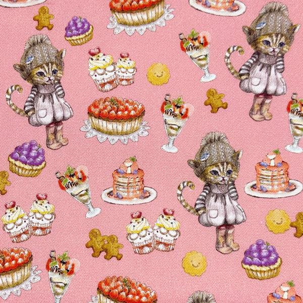 Sweets Cat CoCo Cotton Oxford Fabric in Pink by Illustrator Ringo, Imported from Japan