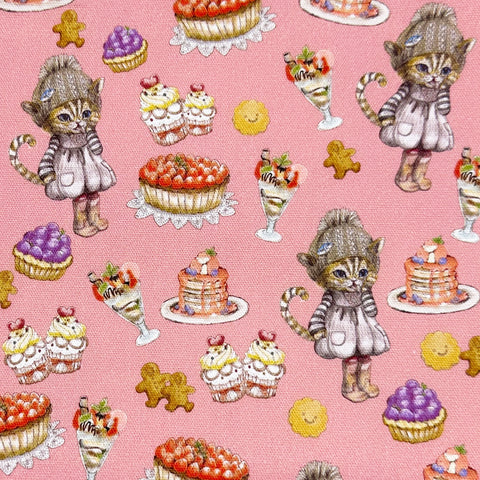 Sweets Cat CoCo Cotton Oxford Fabric in Pink by Illustrator Ringo, Imported from Japan