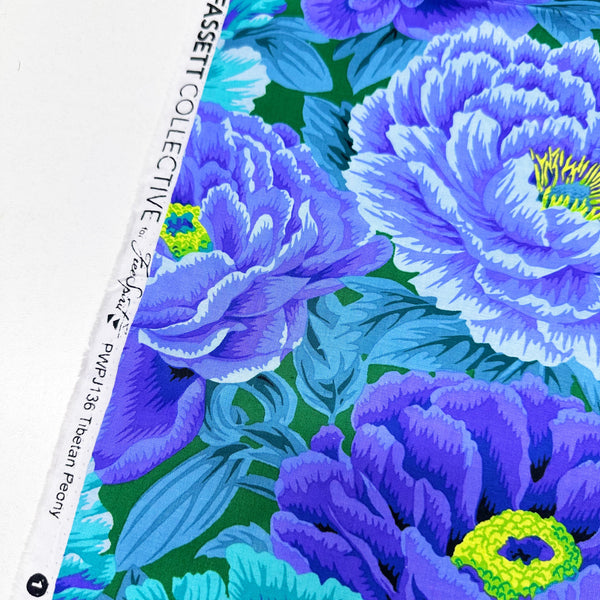 Tibetan Peony - Blue by Philip Jacobs for Kaffe Fassett Cotton Fabric, Free Spirit Fabrics PWPJ136.BLUE